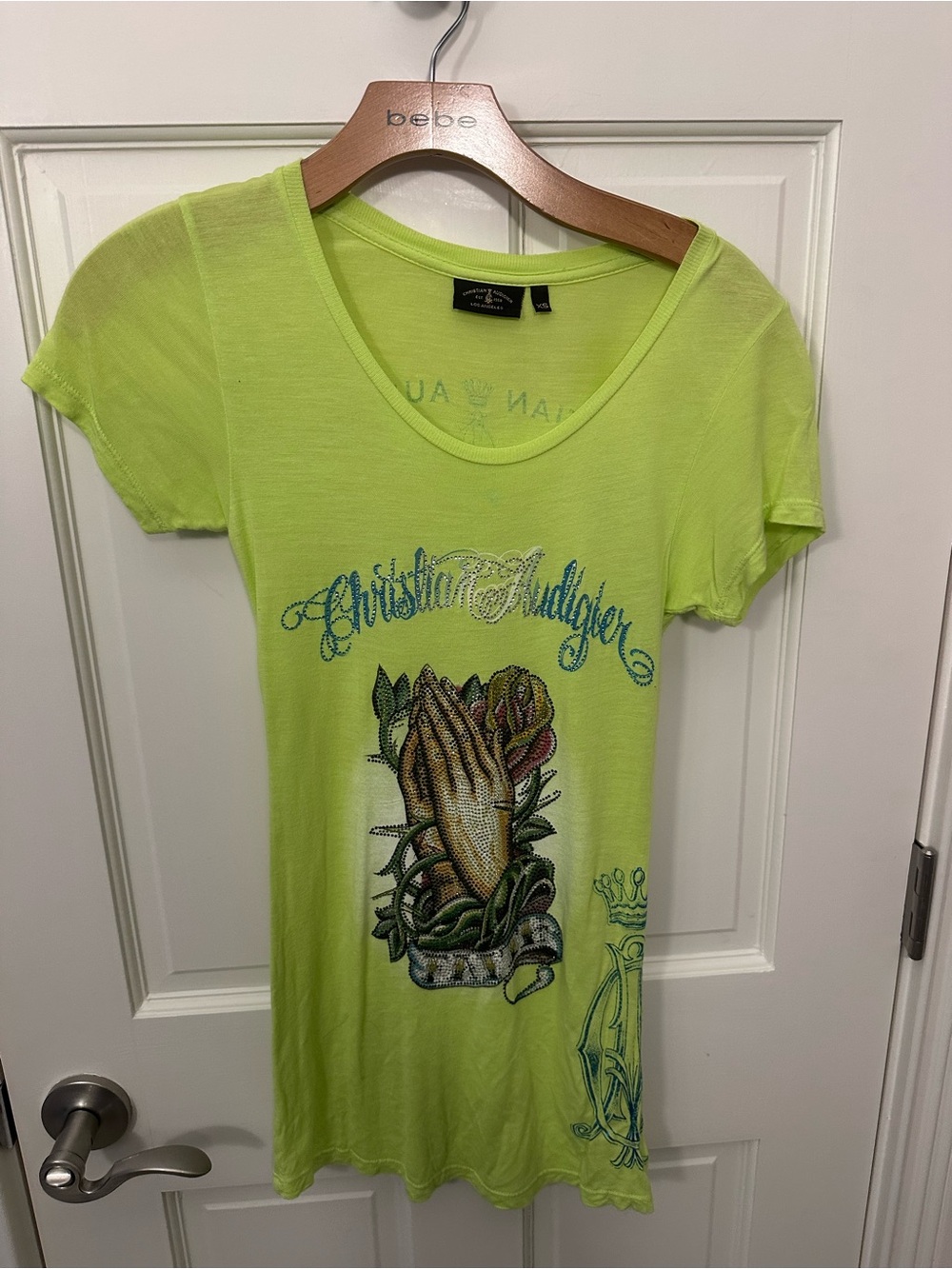 Christian Audigier Neon Yellow Praying Hands Graphic Tee